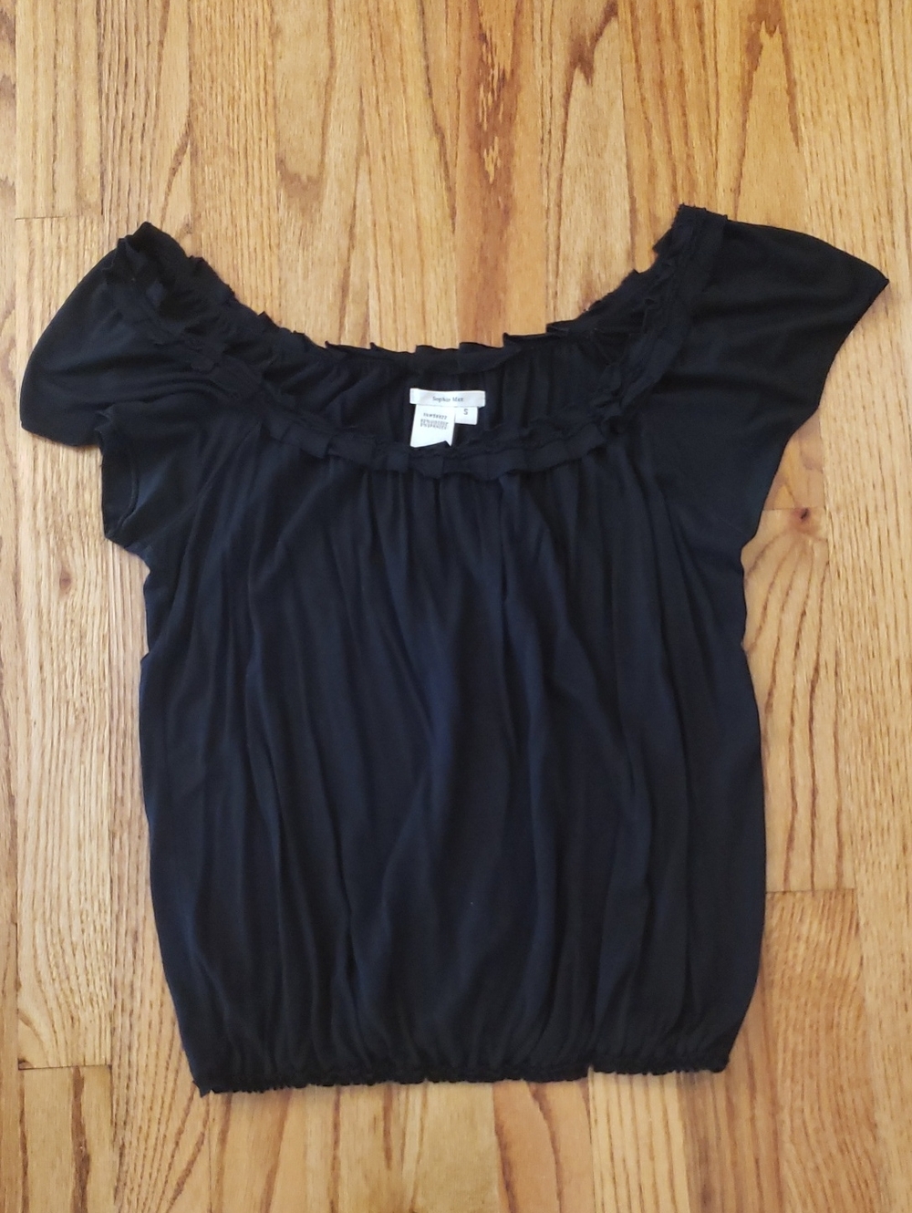Sophie Max Black Ruffled Scoop Neck Short-sleeve Top w/ Blousy Elastic Waist -S